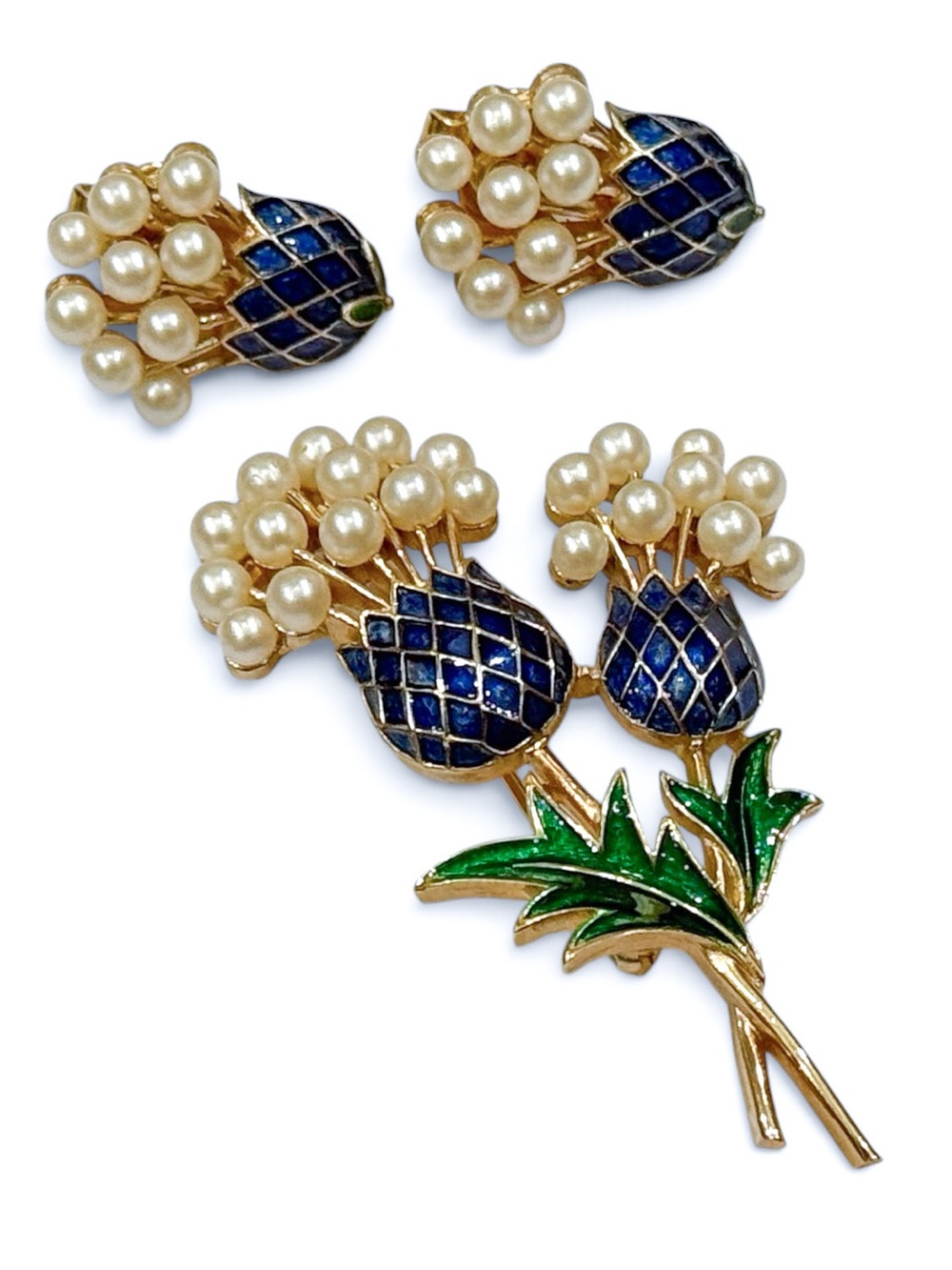 Vintage Crown Trifari Thistle Brooch & Earrings Set Faux Pearl Blue Enamel - Picture 2 of 12